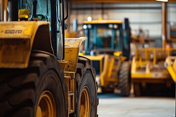 Yellow Farm Tractor in a Garage, Close up View