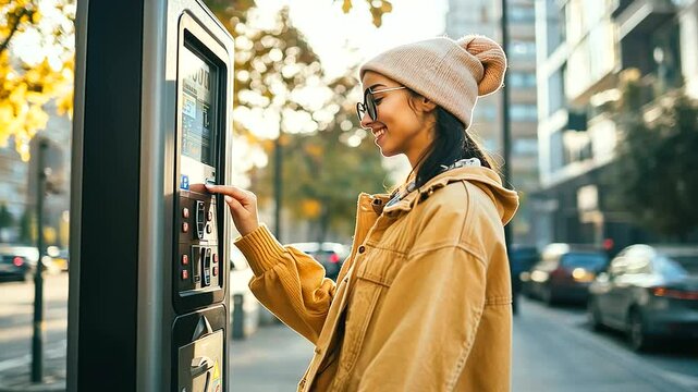 young woman standing beside automated parking meter on the street, pressing buttons and choosing her parking option, illustrating the convenience of modern urban parking systems