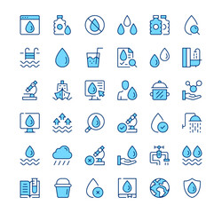 Water icons. Outline symbols. Vector blue line icons set