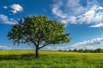 Single Tree in a Field with Blue Sky and White Clouds