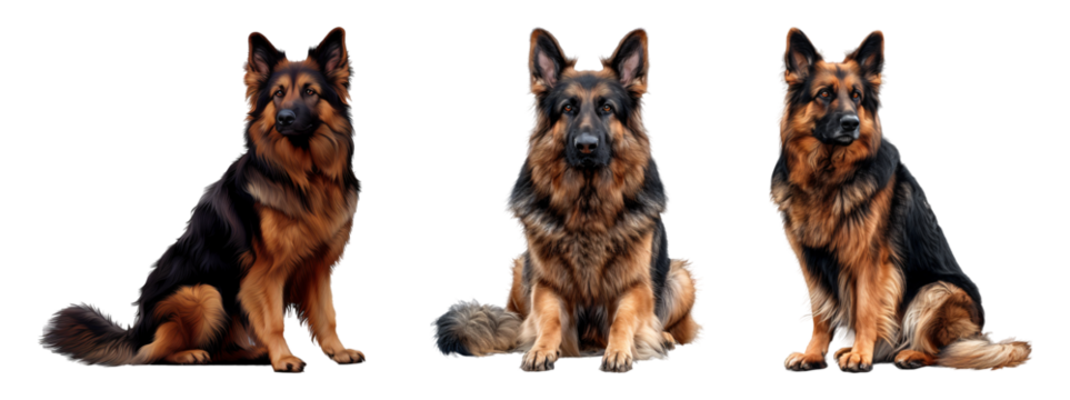 Three German Shepherd dogs in various seated poses showcase their majestic presence and alert expressions