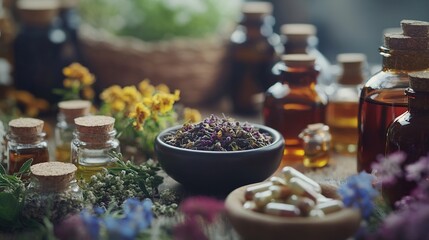 A close-up of herbal medicine preparations, including tinctures, teas, and supplements, used in holistic medical treatments.