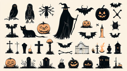 set of flat Halloween icons generated by AI