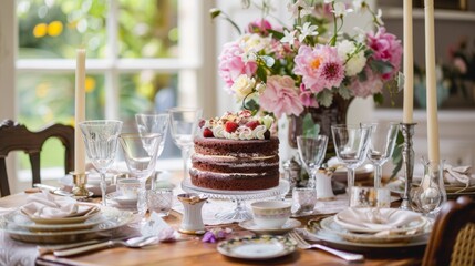 Elegant dining table with flowers and a delicious cake for a special celebration. Perfect for gatherings and joyful moments.