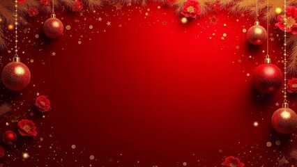 Textured red velvet background with golden sparkles and ornaments