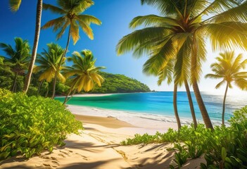 Obraz premium vibrant tropical landscape featuring lush clear blue ocean bright sunlight serene coastal setting, beach, surf, water, sky, palm, island, horizon, waves