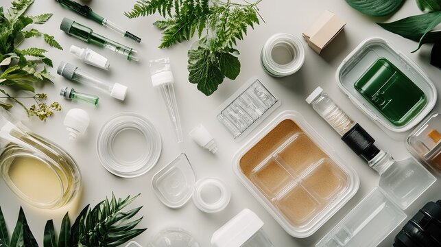 A close-up of eco-friendly lab materials, such as biodegradable sample containers and sustainable packaging.