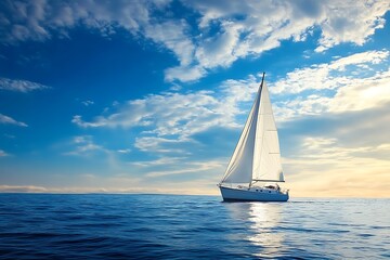 Fototapeta premium Sailboat on the ocean with blue sky and clouds, travel and adventure concept