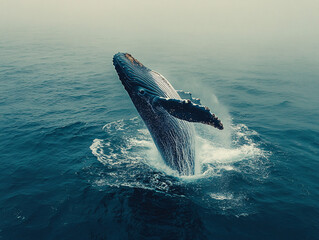 Fototapeta premium Stunning shot of a humpback whale breaching out of the ocean, capturing the majestic moment in midair with water splashing around, set against a dramatic sky and sea background