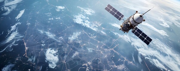 A satellite orbits above Earth, showcasing a stunning view of the planet's surface with intricate patterns and landscapes.