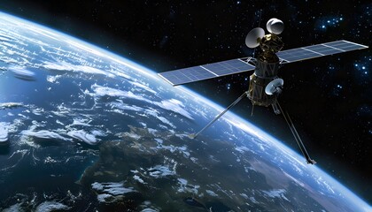 Naklejka premium A satellite orbits Earth, showcasing advanced technology and the beauty of the planet from space in stunning detail.