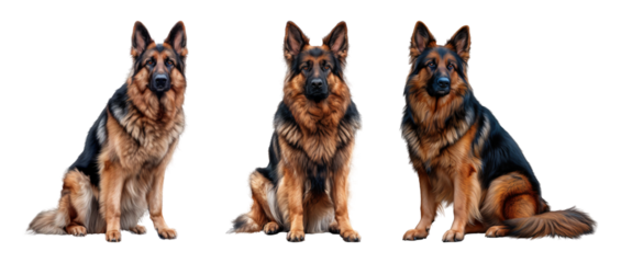 German Shepherds dogs sitting proudly in a row showcasing their thick fur and alert expressions