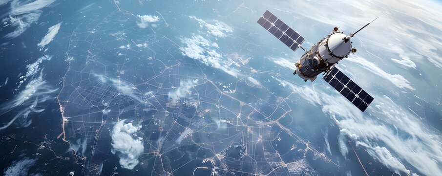 A satellite orbits above Earth, showcasing a stunning view of the planet's surface with intricate patterns and landscapes.