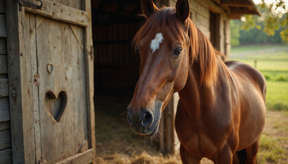 Fototapeta premium Brown horse with heart-shaped marking beside rustic barn walls, unique coat pattern.