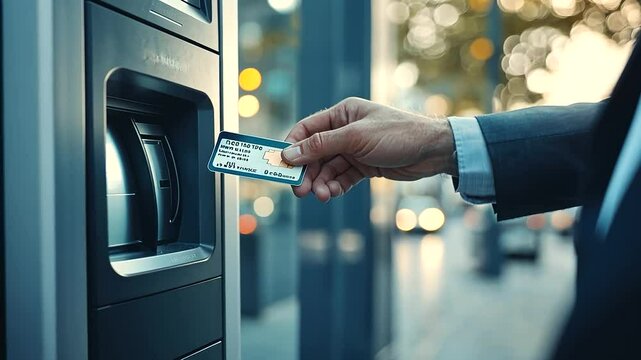 man using ATM machine for money withdrawal, inserting his credit card and withdrawing cash, showcasing a financial transaction in an outdoor setting