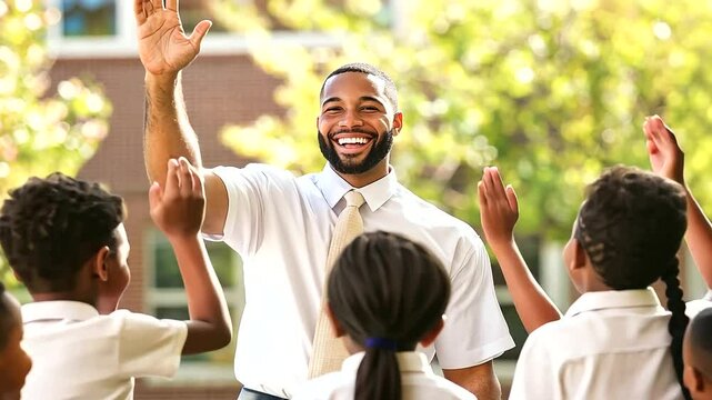 Group of cheerful school children greeting their teacher with high-fives and friendly gestures as they enter the classroom, showcasing a positive and welcoming educational environment