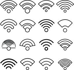 A collection of WiFi symbol variations, illustrating different signal strengths and styles