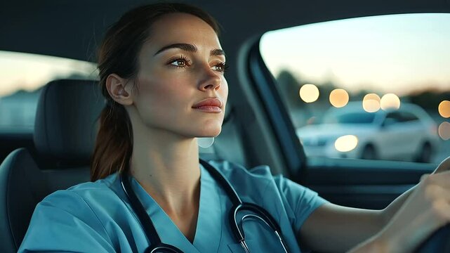 tired female nurse, still in her scrubs, sits in her car after a long shift, fastening her seat belt as she prepares to drive home, reflecting on the work-life balance in healthcare - Powered by Adobe
