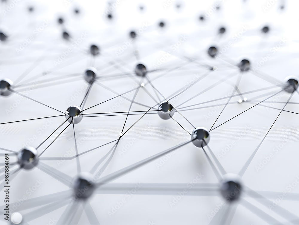 Poster abstract network structure with interconnected nodes and lines, representing technology, communicati