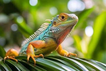 Fototapeta premium Green Iguana Lizard on a Leaf in Tropical Rainforest