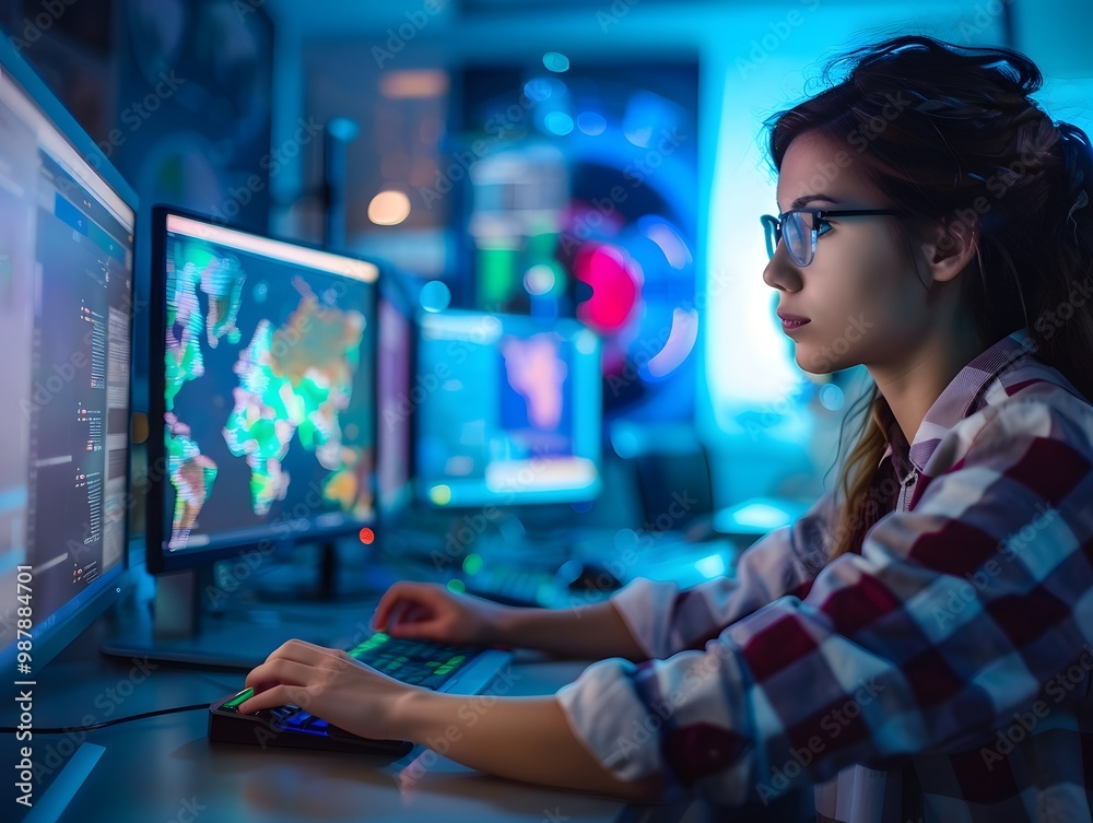 Poster focused woman working on multiple computer screens in a tech environment, showcasing modern digital 