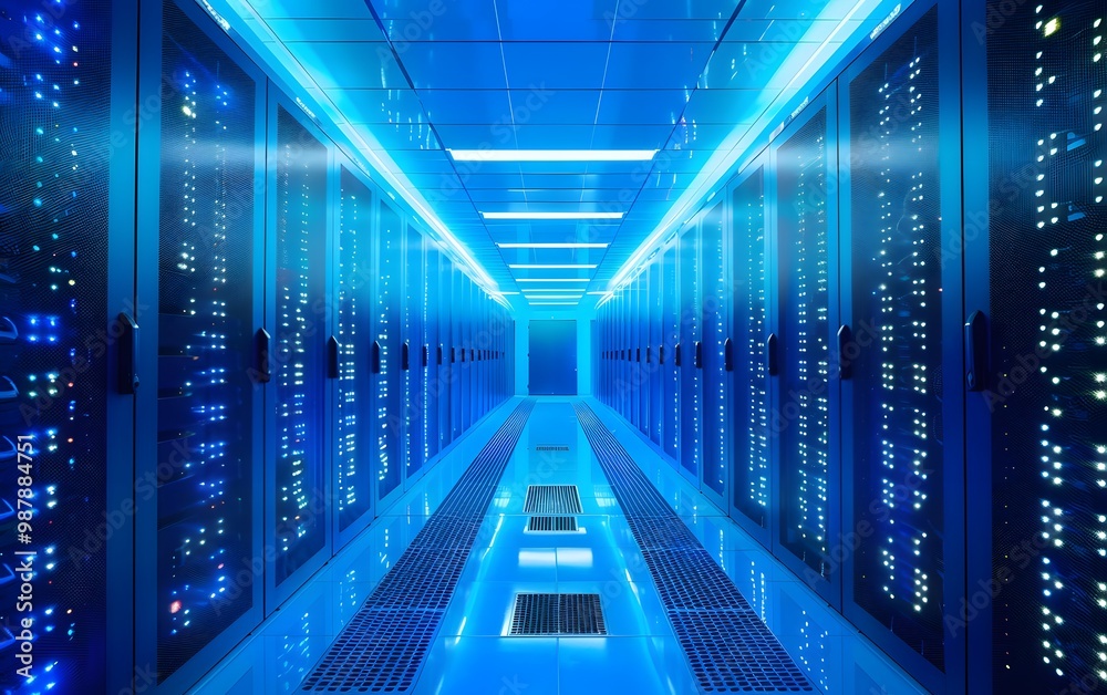 Poster futuristic data center illuminated with blue lights, showcasing rows of connected server racks in a 