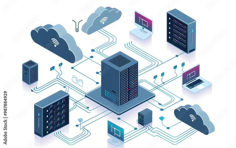 Poster modern data center network connecting cloud, server, and computer for streamlined digital operations