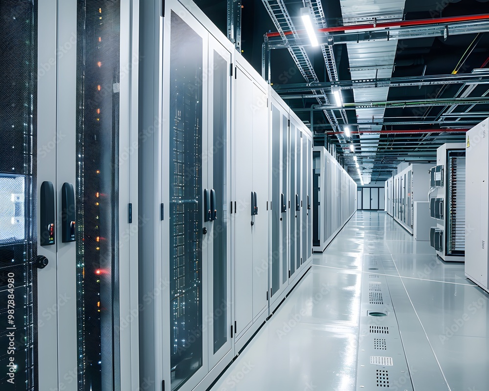 Poster modern data center showcasing rows of server racks in a secure, high-tech environment with advanced 