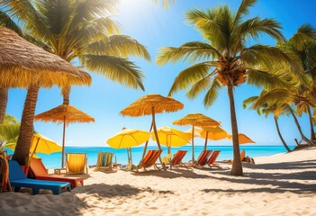 Obraz premium colorful beach gear displayed under bright sunlight tropical paradise clear blue skies soft sandy shores, vibrant, sea, ocean, wave, sky, horizon, resort