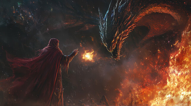 A dark sorcerer seeking to control the black king dragon igniting a conflict that could determine the fate of magical and human realms alike. Magical Realm. Illustration