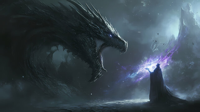 A dark sorcerer seeking to control the black king dragon igniting a conflict that could determine the fate of magical and human realms alike. Magical Realm. Illustration