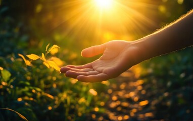 Help. Hand on plant background