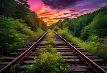 Fototapeta premium breathtaking view abandoned train tracks surrounded lush vegetation under vibrant sunset sky, scenery, landscape, nature, colors, horizon, rail, wooden