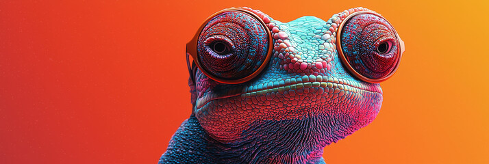 Fototapeta premium A chameleon with round glasses stares intently at the camera.