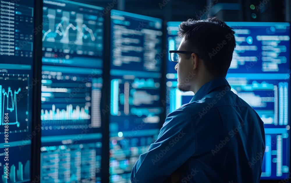 Poster a focused analyst examines multiple data screens, highlighting the importance of data visualization 