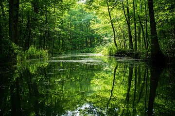 Obraz premium Sunlight filtering through canopy of trees reflecting in still water of a forest river
