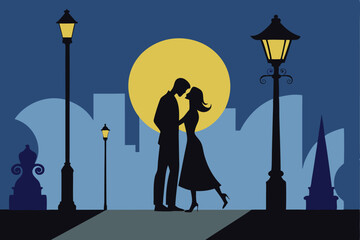 Romantic couple kissing under the moonlight, vector silhouette illustration at night