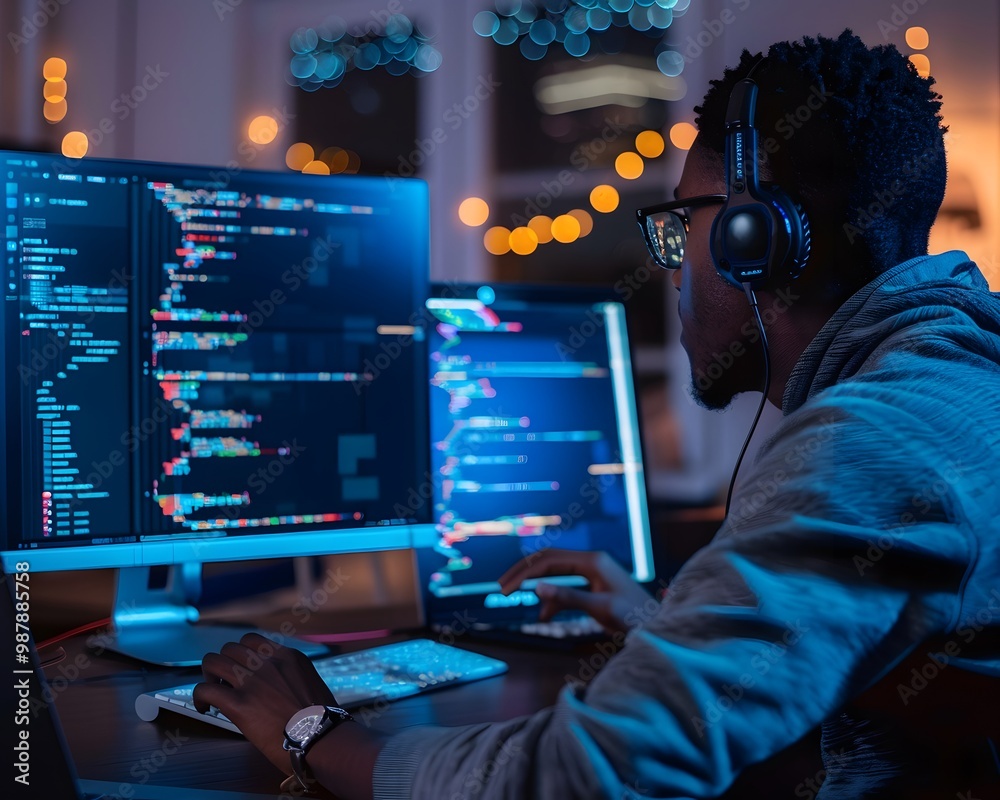 Poster a focused programmer working late at night, immersed in coding on multiple screens in a cozy, ambien