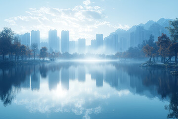 A serene landscape of a tranquil lake seamlessly blending into a bustling cityscape, representing the contrast between peace and urban life.