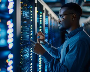 A focused technician works on a data server in a modern data center, surrounded by glowing LED lights and advanced technology.