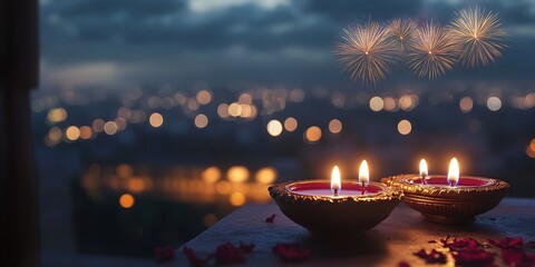 Diwali lamps, Indian rustic ambience, side view,  fireworks in the sky New year, Happy Diwali session