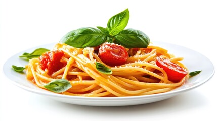 Spaghetti with parmesan cheese, tomatoes and basil. Italian pasta on white background