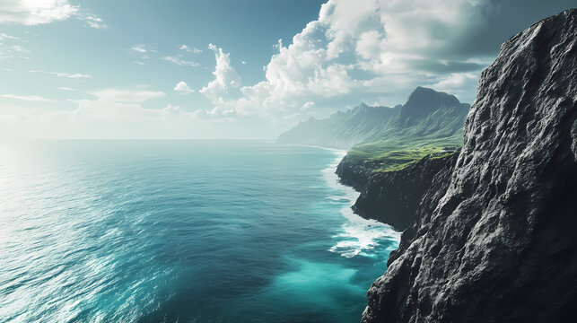 A dramatic cliffside view overlooking a vast ocean, photographed in uhd. Cliffside View. Illustration
