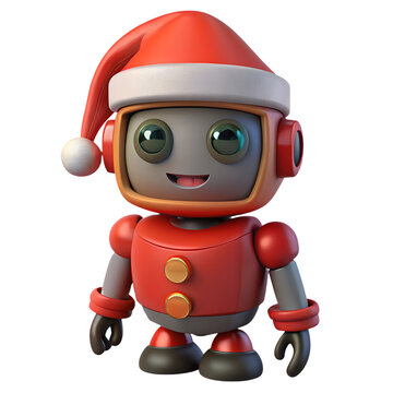 Cute metallic android robot wearing christmas red hat 3d illustration isolated on the transparent background