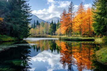 Fototapeta premium Scenic Autumn Landscape with Calm Lake Reflecting Vibrant Trees and Mountains