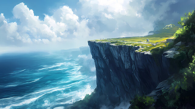 A dramatic cliffside view overlooking a vast ocean. Cliffside View. Illustration
