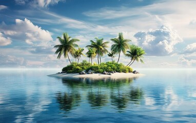 Fototapeta premium Island in the ocean. Palm trees with clouds in the island