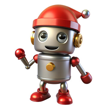 Cute metallic android robot wearing christmas red hat 3d illustration isolated on the transparent background