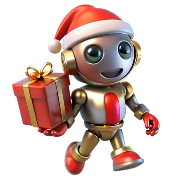 Cute metallic android robot wearing christmas red hat holding gift box 3d illustration isolated on the transparent background