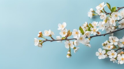 Obraz premium White Cherry Blossoms Branch on Blue Background